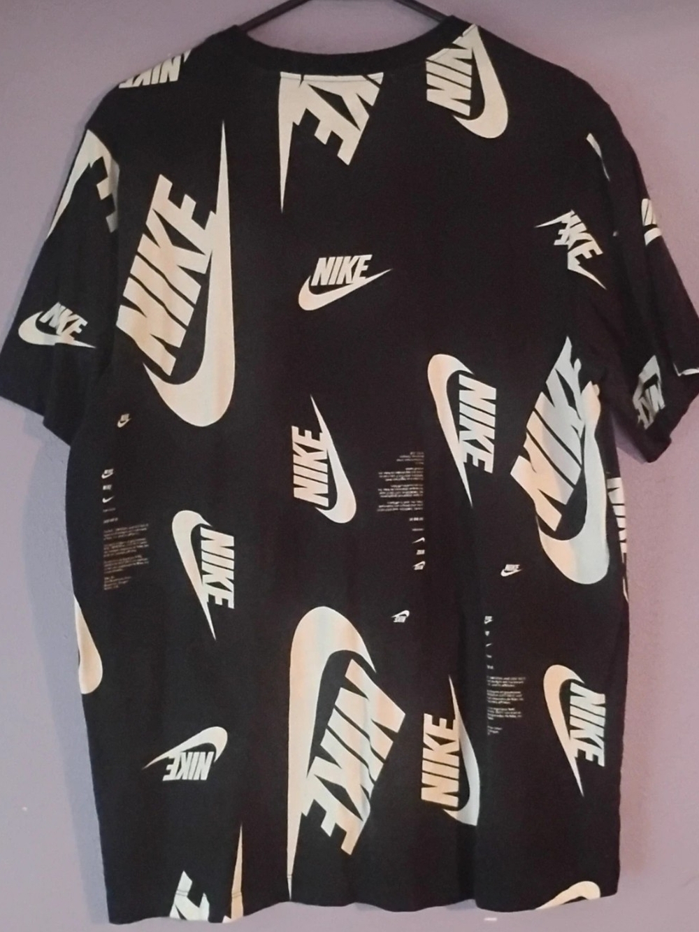 Nike Black Tee with Allover White Swoosh Logos Large